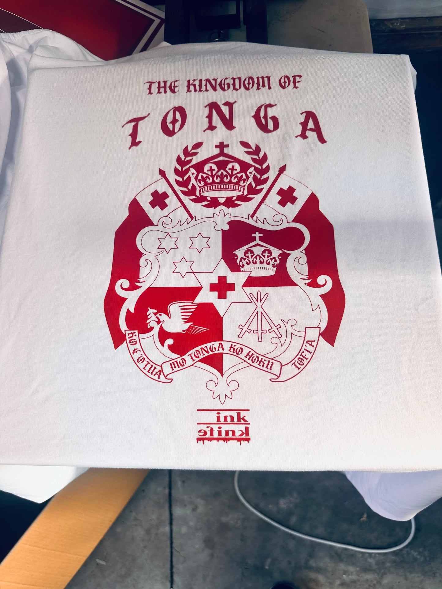Tongan seal red ink on white tee