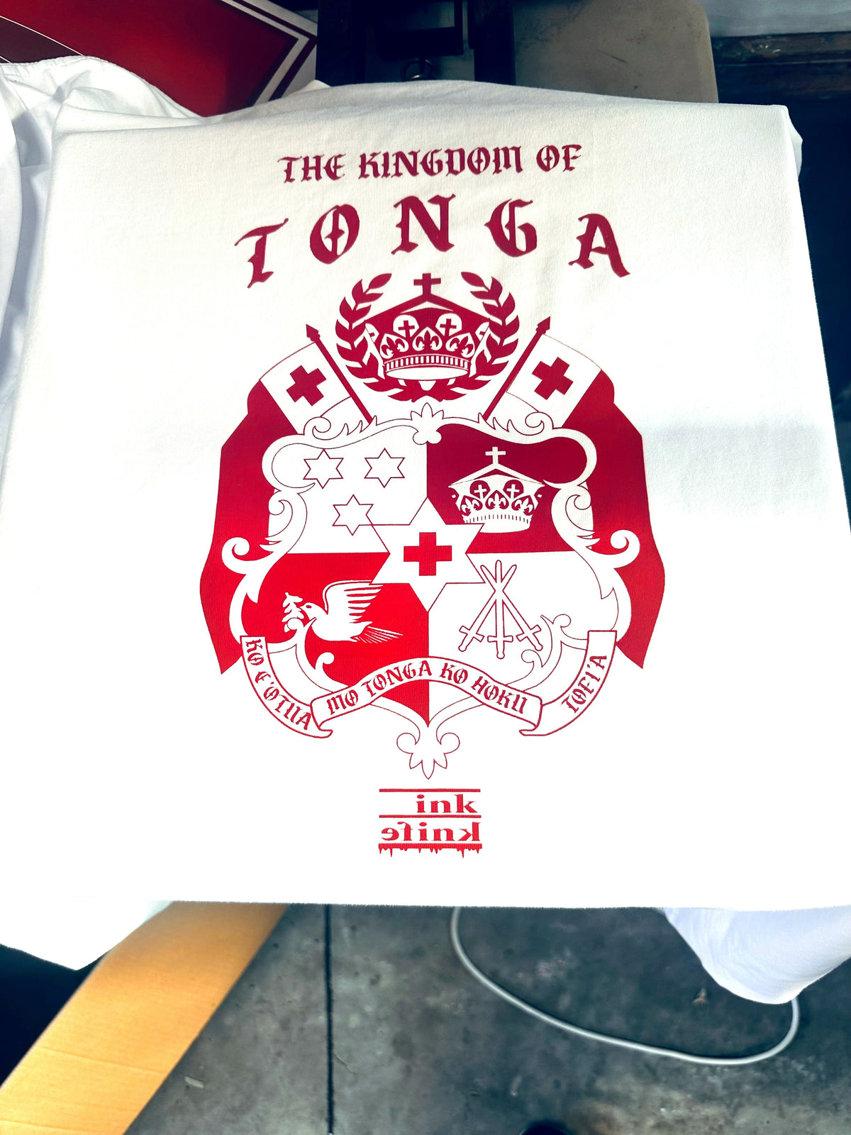 Tongan seal red ink on white tee