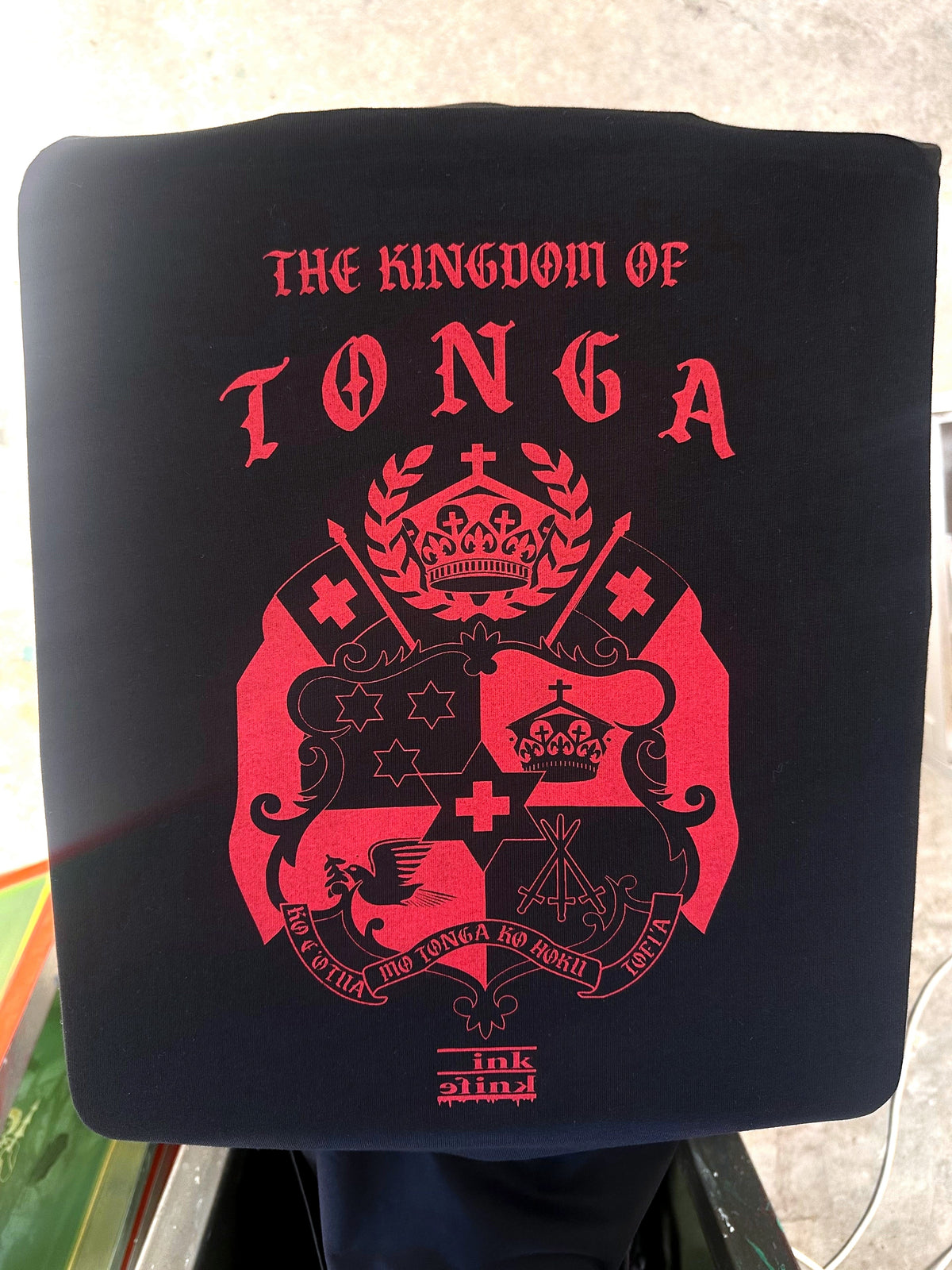 Tonga seal red ink on black tee