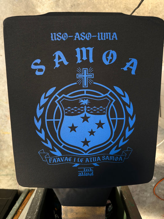 Samoa seal blue ink on black tee